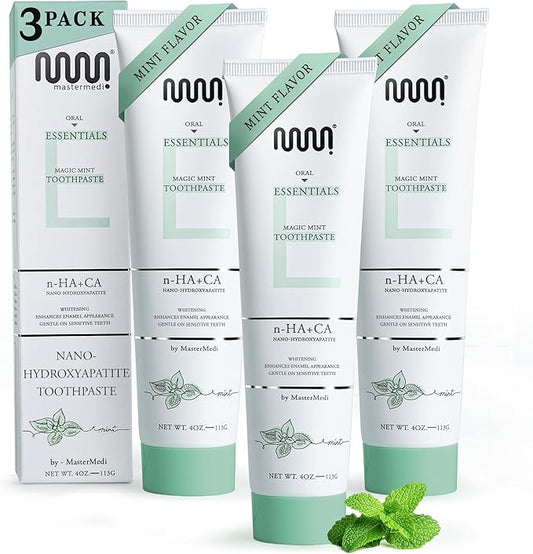 MasterMedi Nano Hydroxyapatite Toothpaste – Fluoride Free, SLS Free, for Sensitive Teeth, Whitening, Enamel Remineralization, Magic Mint, Dentist Recommended, 4 oz (Pack of 3)