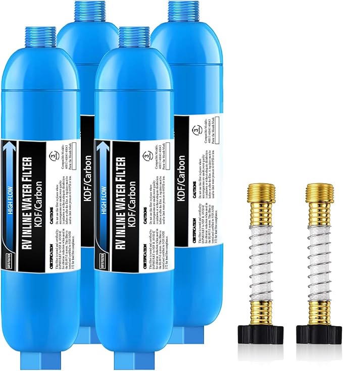 Lifefilter RV Inline Marine Water Filter, Reduces Chlorine, Bad Taste&Odor for RVs,NSF Certified with Flexible Hose Protector (Pack of 4)