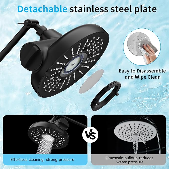 Filtered Shower Head with Extension Arm - EMBATHER 8 Inch High Output Showrhead with 3 Spray Settings, 18 Stage Filter for Hard Water, 11" Adjustable Arm, Brass Swivel Ball Jiont, Matt Black