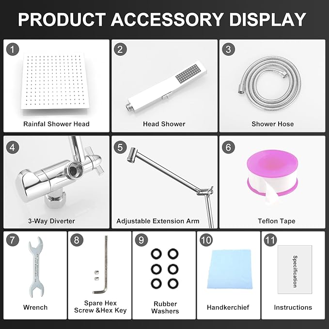 All Metal 10 Inch Rain Shower Head with Handheld Spray Combo, High Pressure Waterfall Rainfall Square Shower Heads with 16" Adjustable Extension Arm, Dual Showerhead with 3-Way Diverter, Chrome