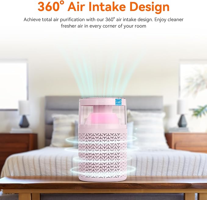 AIRROMI Air Purifiers for Bedroom Home,Up to 658 Ft²,Activated Carbon Filter Cleaner,With Fragrance Sponge for Better Sleep,Night Light,Pet Dander,Allergies,Smoke,Odor,Desktop Air Cleaner A2002 Pink