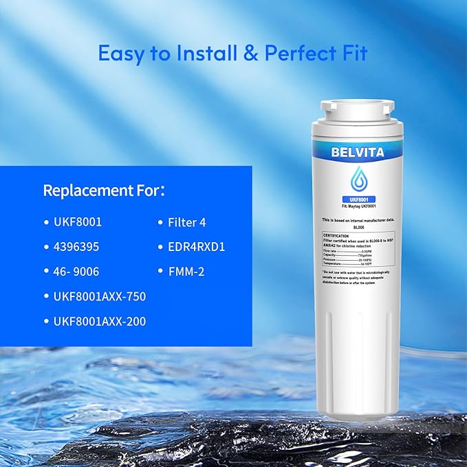 BELVITA Compatible with Whirlpool 4396395,EDR4RXD1B,Maytag UKF8001,EveryDrop Refrigerator Water Filter 4,UKF8001P,PUR UKF800, Puriclean II, 8171032,469992,UKF8001AXX-200,UKF8001AXX-750, 3 Pack