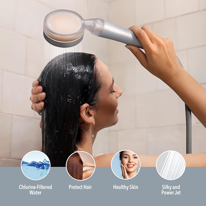 Barumi Pluo Handheld Filtered Shower Head - Silver | Vitamin C Filter for Healthy Skin & Hair | High Pressure Soft Spray | Dual Filtration Removes Chlorine & Impurities | Gentle Shower for Pets