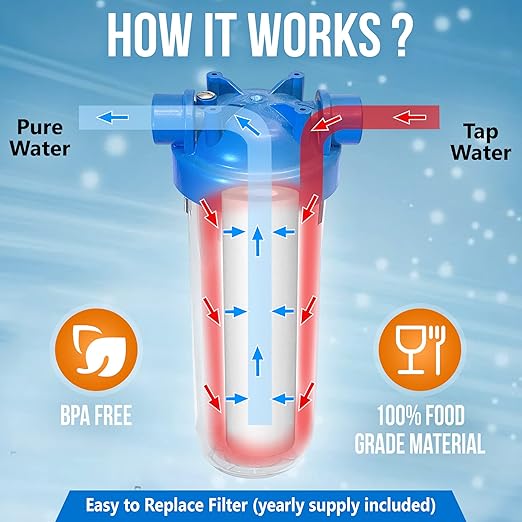 10 Inches European Design Transparent Standard Whole House Water Filter System with Presser Relief Valve, 3/4” Inlet/Outlet Brass Port and Yearly Supply (3) Block Activated Carbon Cartridges 5 Micron