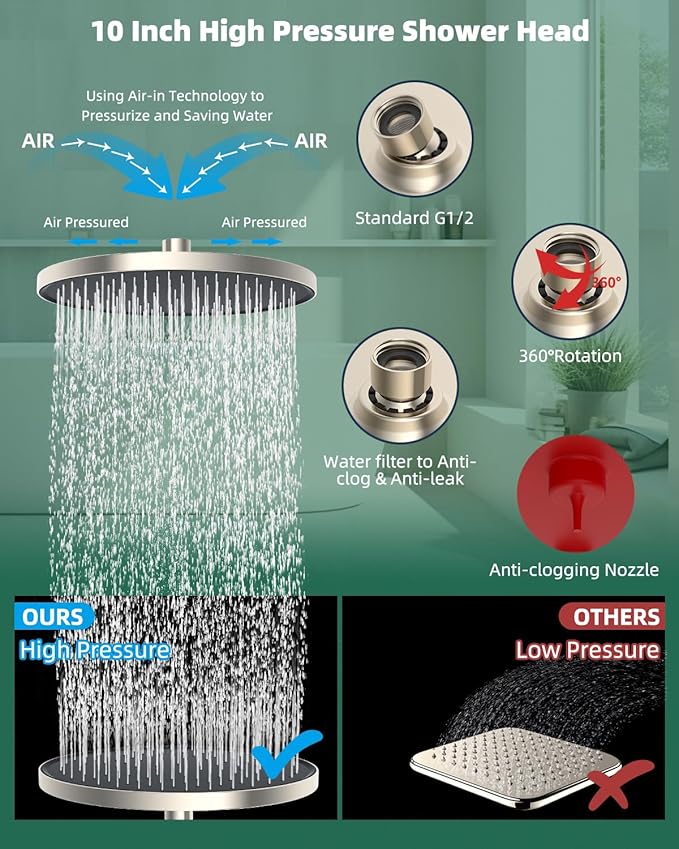 10'' Self-cleaning Rainfall Shower Head, High Pressure Handheld Shower Head, Showerhead Combo with 12'' Adjustable Curved Shower Extension Arm, 7-Spray, 71'' Hose, Showerhead Holder, Brushed Nickel
