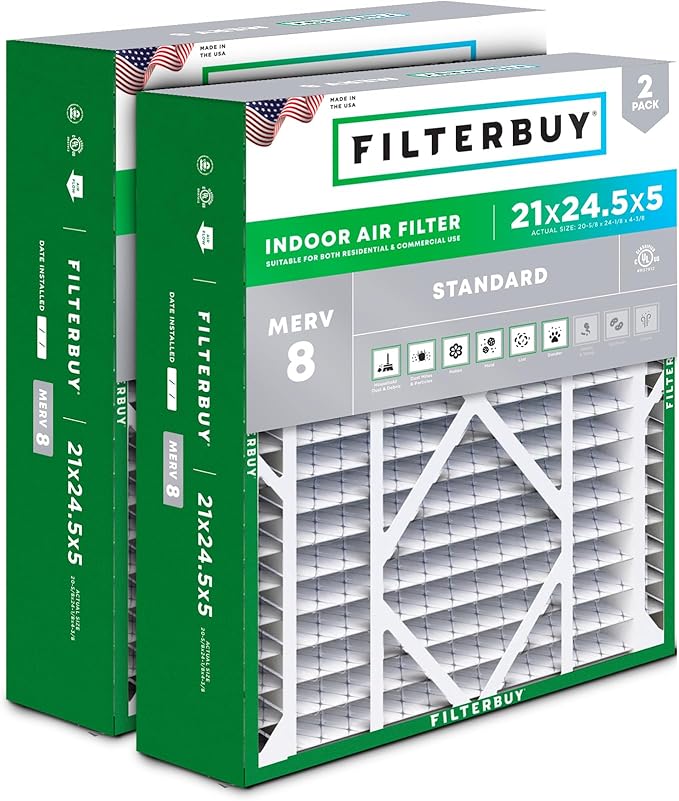 Filterbuy 21x24.5x5 Air Filter MERV 8 Dust Defense (2-Pack), Pleated HVAC AC Furnace Air Filters Replacement for Rheem, Ruud, and Protech (Actual Size: 20.63 x 24.13 x 4.38 Inches)