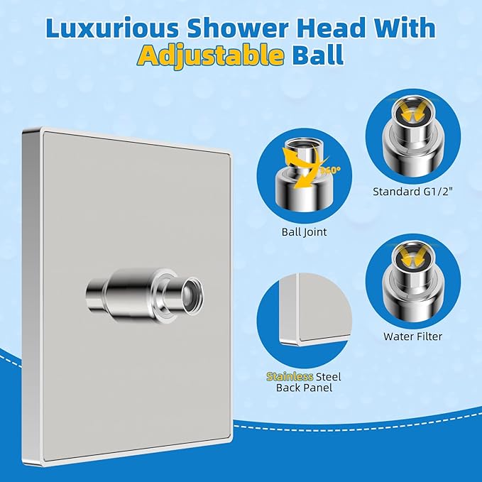 Hibbent Thickness Metal Rain Shower Head, 8 Inch High Pressure Rainfall Shower Head, Square Bathroom Waterfall Shower Heads, High Flow Fixed Showerheads with Adjustable Brass Ball Joint, Chrome