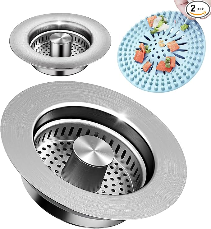 2 Pack – 3-in-1 Kitchen Sink Drain Strainer Stopper, 304 Stainless Steel Pop Up Sink Plug with Removable Filter Basket, Fits 3-1/2” US Standard Drain, Anti-Clog, Rustproof, Odor Blocker