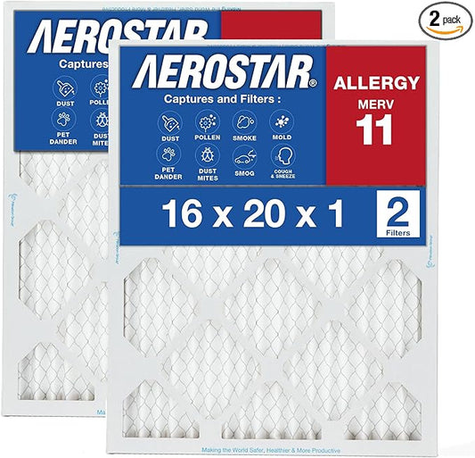 16x20x1 AC and Furnace Air Filter by Aerostar - MERV 11, Box of 2