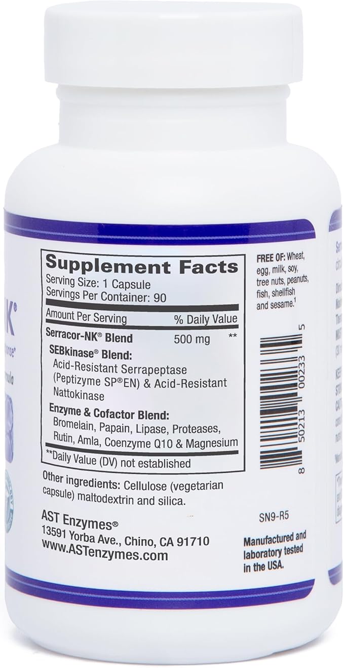 AST Enzymes Serracor-NK –Proteolytic Systemic Enzyme Formula – Contains Acid-Resistant Serrapeptase and Acid-Resistant Nattokinase – 90 Vegetarian Capsules