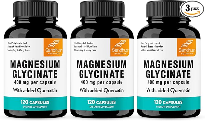 Sandhu's Magnesium Glycinate 400mg Capsules with Quercetin | Quality Sleep, Relaxation, Muscle Health & Immune Support | 120 Count (Pack of 3) | Easy to Swallow | for Women and Men