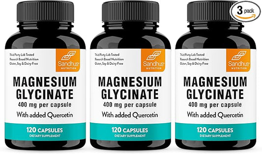 Sandhu's Magnesium Glycinate 400mg Capsules with Quercetin | Quality Sleep, Relaxation, Muscle Health & Immune Support | 120 Count (Pack of 3) | Easy to Swallow | for Women and Men