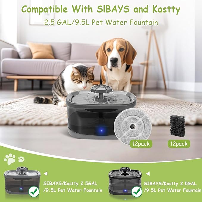 12 Pack 7" Activated Carbon Filters for SIBAYS 2.5Gal/9.5L Large Cat Water Fountain(FS68),18CM Larger Filter for Kastty 9L Large Dog Water Fountain,Food Grade,4 Layers Filtration,12 + 12 Pump Filters