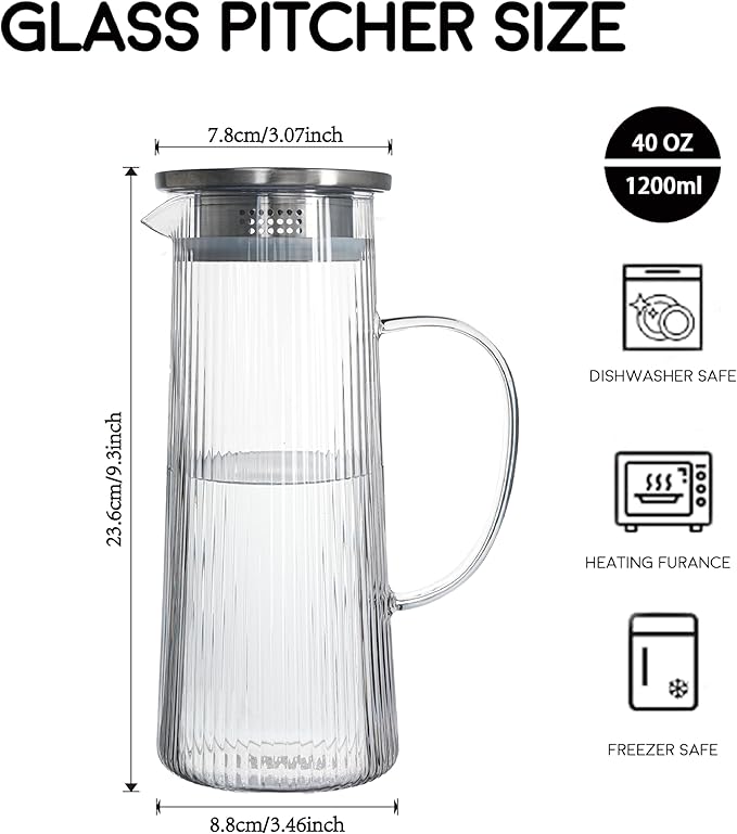 Glass Pitcher with Lid, 40 oz/1.2 Liter Glass Water Pitcher, Ice Tea Brewing, Hand Blown Small Pitchers for Drinks, Coffee, Juice, Lemonade, and Hot/Cold Beverages, Heat Resistant