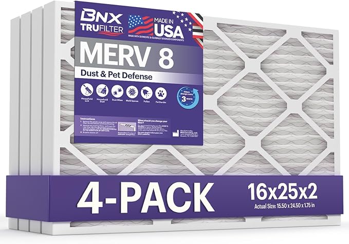 BNX TruFilter 16x25x2 Air Filter MERV 8 (4-Pack) - MADE IN USA – Dust & Pet Defense Electrostatic Pleated Air Conditioner HVAC AC Furnace Filters for Dust, Pet, Mold, Pollen MPR 600 – 700 & FPR 5