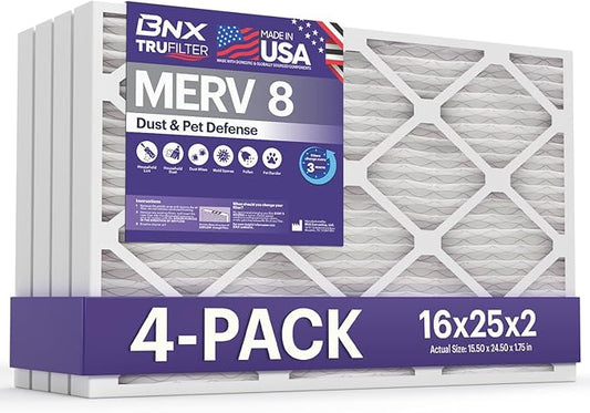 BNX TruFilter 16x25x2 Air Filter MERV 8 (4-Pack) - MADE IN USA – Dust & Pet Defense Electrostatic Pleated Air Conditioner HVAC AC Furnace Filters for Dust, Pet, Mold, Pollen MPR 600 – 700 & FPR 5