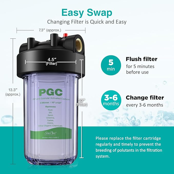 SimPure 10" x 4.5" Whole House Water Filter Cartridge, 5 Micron Carbon Sediment Replacement for DB10C, GE GXWH40L, FXHTC, WRC25HD, GNWH38S, RFC-BB, W10-PR, W10-BC, 4-Pack