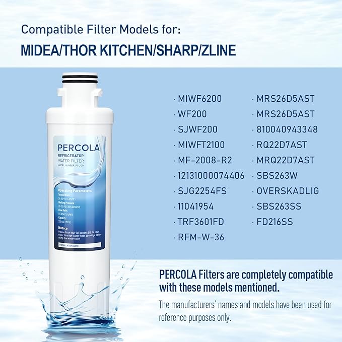 MIWF6200 Water Filter, Compatible with Sharp® SJWF200, SJG2254FS, Thor Kitchen® WF200, Zline® MIWFT2100, Midea® MRS26D5AST, MF-2008-R2, Zline® RFM-W-36 Refrigerator Models (1 Pack)