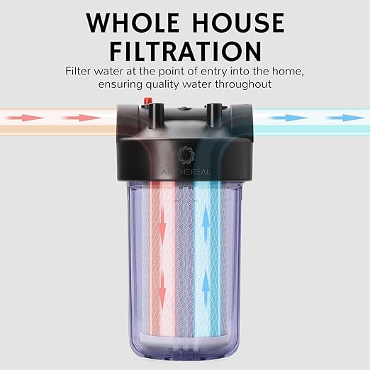 Airthereal Whole House Water Filter Clear Housing, 10" x 4.5" Sediment Carbon Cartridge Universal Housing, Pre-Filtration System for Well and City Water, 3/4" NPT Port, Includes 1-Pack CTO Filter