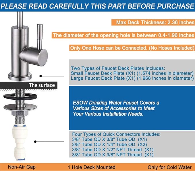 ESOW Kitchen Water Filter Faucet, 100% Lead-Free Drinking Water Faucet Fits Most Reverse Osmosis Units or Water Filtration System in Non-Air Gap, Stainless Steel 304 Body Brushed Nickel Finish