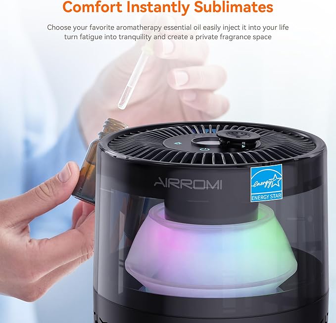 AIRROMI Air Purifiers for Bedroom Home,Up to 658 Ft²,Activated Carbon Filter Cleaner,With Fragrance Sponge for Better Sleep,Night Light,Pet Dander,Allergies,Smoke,Odor,Desktop Air Cleaner A2002 Black