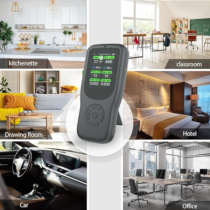 11-in-1 Air Quality Monitor - Portable Indoor Air Quality Detector with Stand, Real-Time Test for AQI, CO2, PM2.5, PM1.0, PM10, TVOC, HCHO, Particles, Temperature & Humidity with Aler (Black-Black)