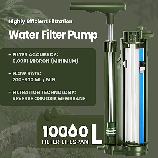 Portable 3-Stage Water Purifier Survival Pump with 0.0001 Micron Reverse Osmosis Ro Membrane Water Purification System,Suitable for Hiking,Camping,Emergency Survival Water and Outdoor Activities