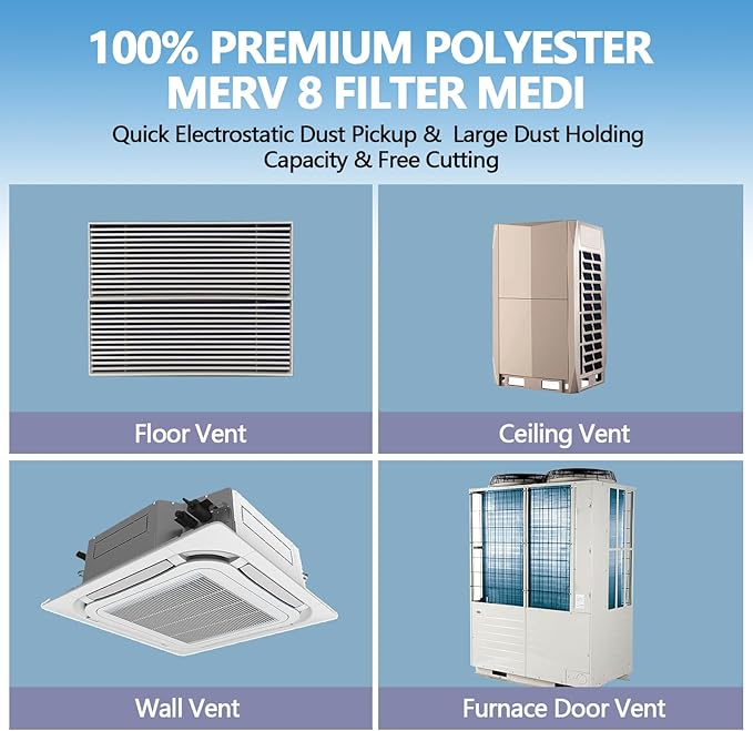 12" x 100" Air Vent Filters, with 48Pcs Adhesive Hook Tape, Cut to Size Air Filter Material HVAC Furnace Filters Kit MERV 8 Triple Vent Filter for Home Floor Register, Ceiling, Grilles