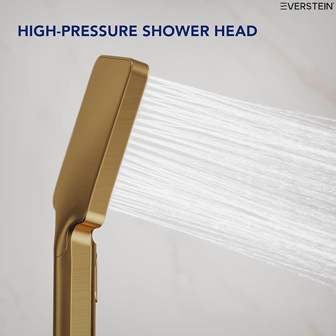 EVESTEIN Adjustable Hand Held Shower with Slide Bar, 3-Function Handshower Head with Hose, Brushed Gold
