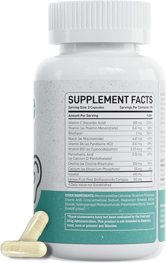 Tinnitus Relief Pills for Ringing Ears & Ear Health | Extra Strength Tinnitus Supplement with Bioflavonoids, B12 & Inositol | Supports Sleep, Focus & Auditory Clarity | 60 Caplets | 2 Daily Dose