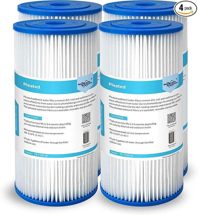 Membrane Solutions 50 Micron Pleated Water Filter Home 10"x4.5" Whole House Heavy Duty Sediment Replacement Cartridge Compatible with ECP10-1,ECP20-BB,R50-BBSA,FXHSC,CB1-SED10-BB (4 Pack)