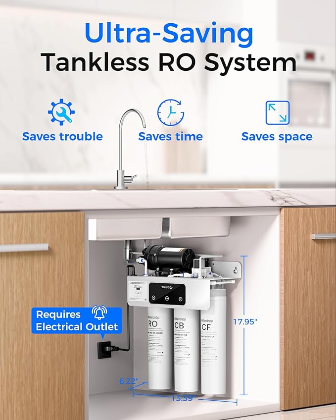 Waterdrop WD-T3-C Reverse Osmosis Water Filter, NSF/ANSI 372 Certified, 8-Stage Under Sink RO Water Filter, 450GPD Tankless Water Filtration System, 2:1 Pure to Drain, BPA Free, Plug-in Required