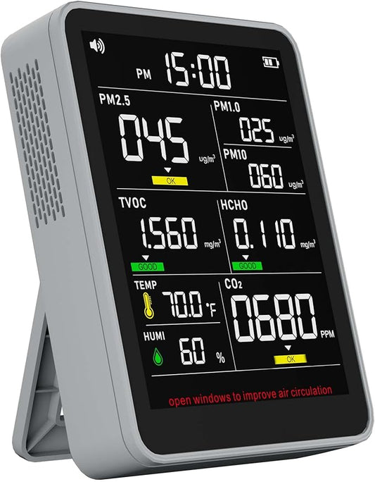 XOOPON 13-in-1 Indoor Air Quality Monitor with PM1.0/2.5/10, CO2, HCHO, TVOC, Temp, Humidity & Time, 4 Alarm Modes, Portable Air Quality Tester for Home, Office, Car, Wall-Mount or Desktop Use