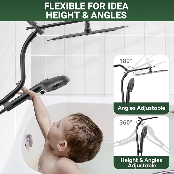 All Metal 3-Way Rain Shower Head,10 Spray High Pressure Showerhead Combo,Shower Filter Head For Hard Water, Adjustable Bar Upgrade Dual Shower Head-Reduces Dry Itchy Skin Black