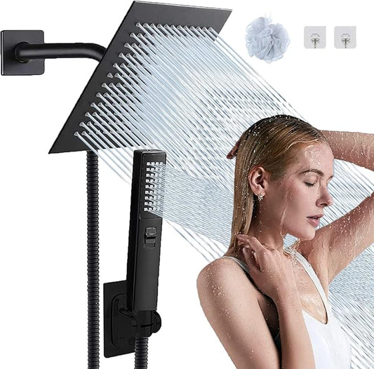 8"High Pressure Square Rain Shower Head and 2-in-1 Hand Shower.Equipped with 78"Hose, 3 Way Diverter Valve,Adhesive Shower Head Holder.(AWAXFOLO Square Shower Head Set Black)