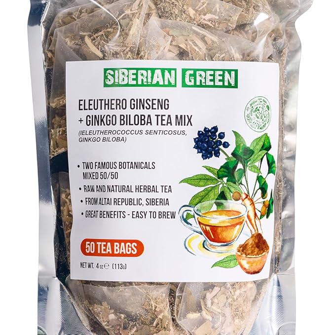 Siberian Green Ginkgo Tea Bags with Ginseng Root Mix – 50Pcs Natural Pure Eleuthero Tea from Siberia – Non-GMO, No Fillers Infusion Bags – Equal Plant Ratio – Convenient and Easy to Brew