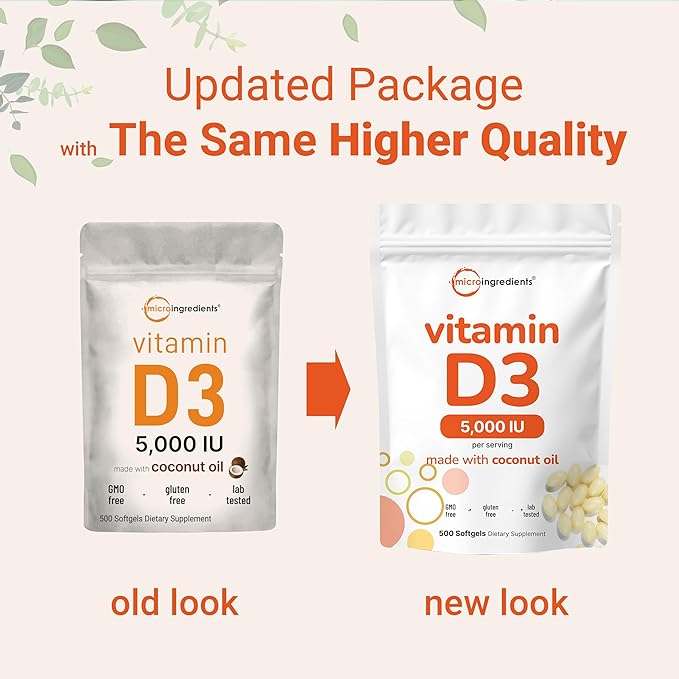 Micro Ingredients Vitamin D3 5,000 IU, 500 Softgels | Virgin Coconut Oil | Cholecalciferol Form | Bone, Immune & Heart Support | Easy to Swallow, Non-GMO