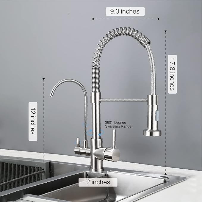 HUAHUALALA Kitchen Faucet with Filter, 3 in 1 Kitchen Sink Faucet 2 Handle with Spring Sprayer，Brass Drinking Water Faucets Reverse Osmosis Brushed Nickel