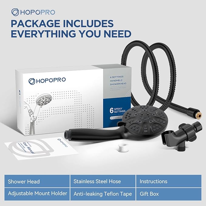 6-Mode High Pressure Handheld Shower Head Set, Consumer Reports Recommended HOPOPRO High Flow Hand Held Showerhead with 59 Inch Hose Bracket Teflon Tape Rubber Washers