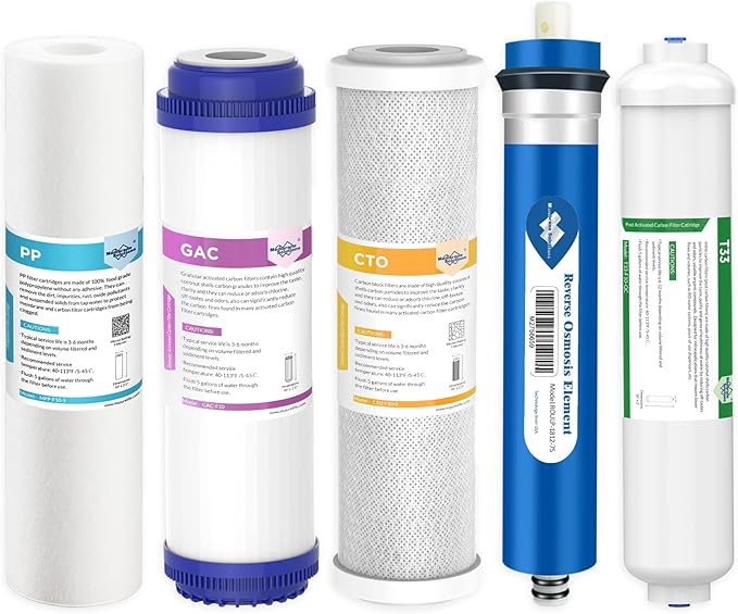 Membrane Solutions Reverse Osmosis Filter Replacement, 75 GPD Complete Replacement Filter Set For Under Sink 5-Stage Reverse Osmosis Replacement Water Filter System