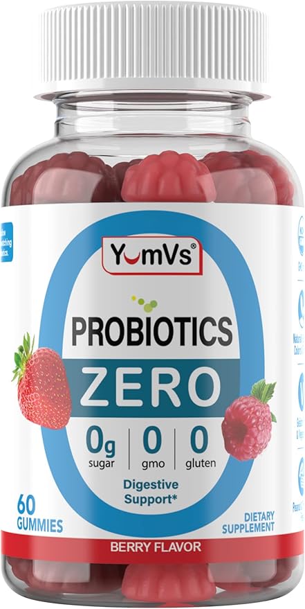 YUM-V'S - Zero Sugar Probiotic Gummies for Digestive Health - Sugar Free Probiotics for Women, Men & Kids - Gut Health Probiotic Gummies for Adults & Kids - Digestive Support Gummy Supplements - 60ct