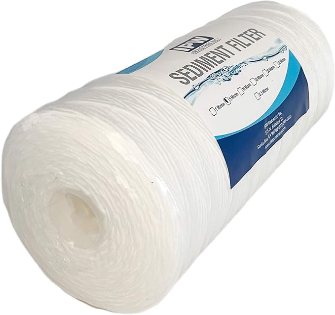 IPW Industries Inc. 4-Pack 5 Micron Whole House Sediment Water Filter - 10" x 4.5" String Wound Water Filter - Fits Most 10" Water Cartridge Housings