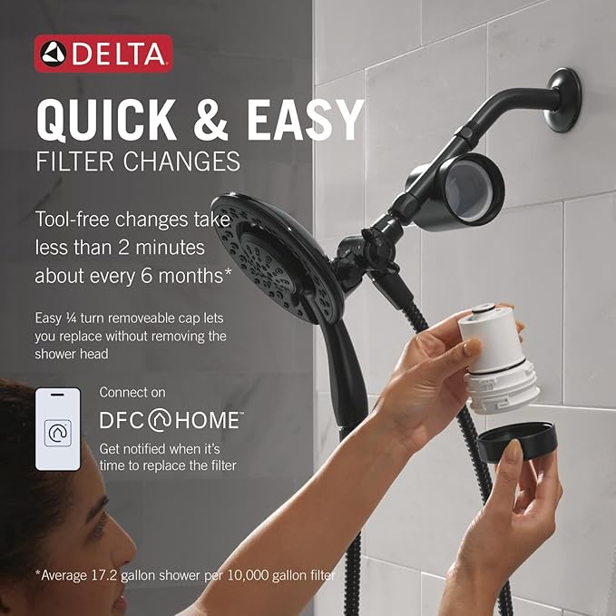 Delta Faucet 4-Setting In2ition 2-in-1 Dual Shower Head with Clarifi Standard Shower Filter Attachment and Filter, Black Shower Head with Filter, Filtered Shower Head, Matte Black 7SF110BBL
