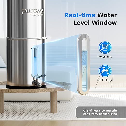 Purewell 2.25G Gravity Water Filter System with Water Level Window, 8-Stage 0.01μm Ultra-Filtration Stainless Steel Countertop System with 4 Filters and Stand, Reduce Fluoride and Chlorine, PW-KS-CF
