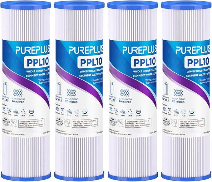PUREPLUS 20 Micron 10"x2.5" Whole House Pleated Sediment Filter for Well Water, Replacement Cartridge for Universal 10 inch RO System, W50PE, WFPFC3002, SPC-25-1050, FM-50-975, 801-50, WB-50W, 4Pack