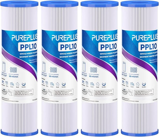 PUREPLUS 20 Micron 10"x2.5" Whole House Pleated Sediment Filter for Well Water, Replacement Cartridge for Universal 10 inch RO System, W50PE, WFPFC3002, SPC-25-1050, FM-50-975, 801-50, WB-50W, 4Pack