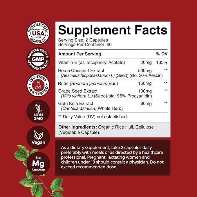 Vein Support Supplements Leg and Veins - Full Body Circulation Supplement for Spider & Varicose Veins and Improved Flow with Horse Chestnut Extract & Flavonoids - Vegan Non-GMO Mini Caps (2 Month)