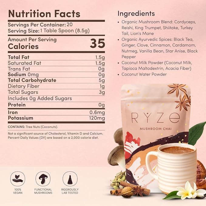 RYZE SUPERFOODS Mushroom Chai with 6 Organic Adaptogenic Mushrooms for Better Energy, Focus, Digestion, Immunity with USA Grown Lion's Mane, Turkey Tail, Shiitake, Reishi - Gluten Free, 20 Servings