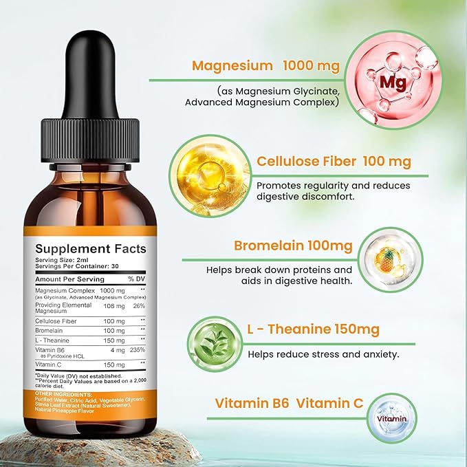 Magnesium Glycinate Liquid Drops, 1000mg of Liquid Magnesium Complex Supplement for Sleep, Nerve, Energy, Muscle, Bone, Calm & Digestion, High Absorption, 2 Fl Oz, Sugar-Free Pineapple Flavor
