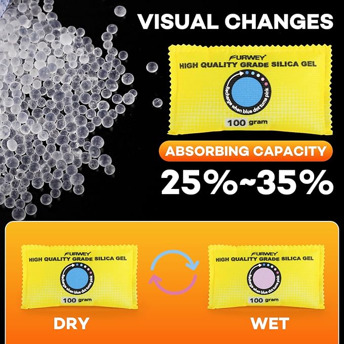 100g (24 Packs) Rechargeable Desiccant Packs for Storage, Color Indicating Silica Gel Desiccant Packets, Moisture absorbers for storage,Dehumidifier bag for Closets,Cars,Storage Bins